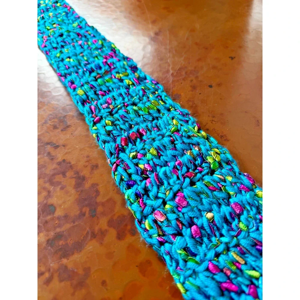 Y2K Handmade Crochet Scarf Turquoise Multicolor Ribbon Yarn Fringe 76in Whimsi